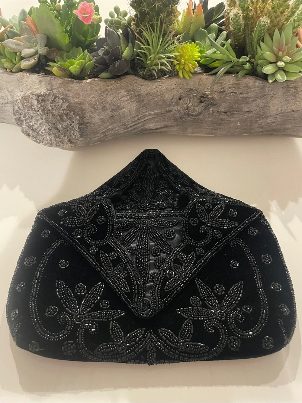 VINTAGE Black Velvet Hand-Beaded Envelope Evening Clutch Bag ~ Made In France